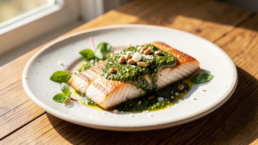 Fish with Pesto Sauce Recipe: Basil-Bright Crust on Flaky Fillets