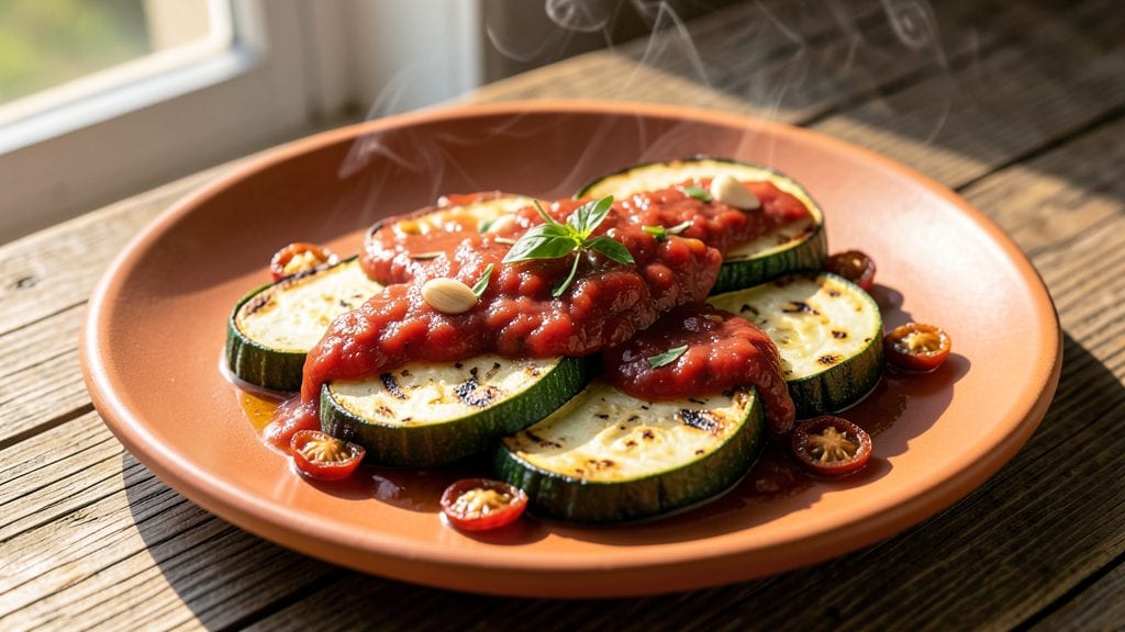 Zucchini with Italian-Style Tomato Sauce Recipe: One-Pan Roasted Zucchini in Tangy Garlic-Tomato Sauce